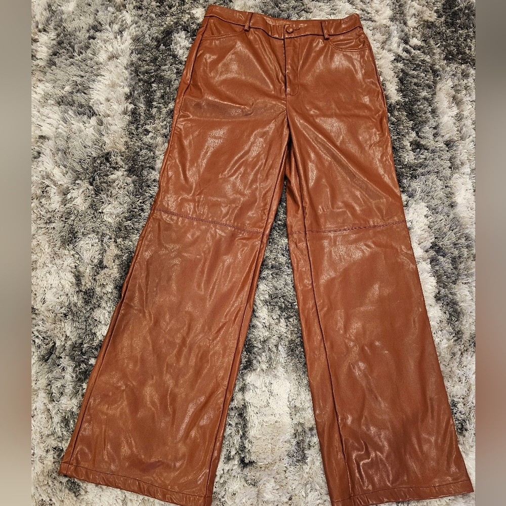 SHEIN BIZwear Zipper Fly Palazzo PU Pants Workwear - Brown Large